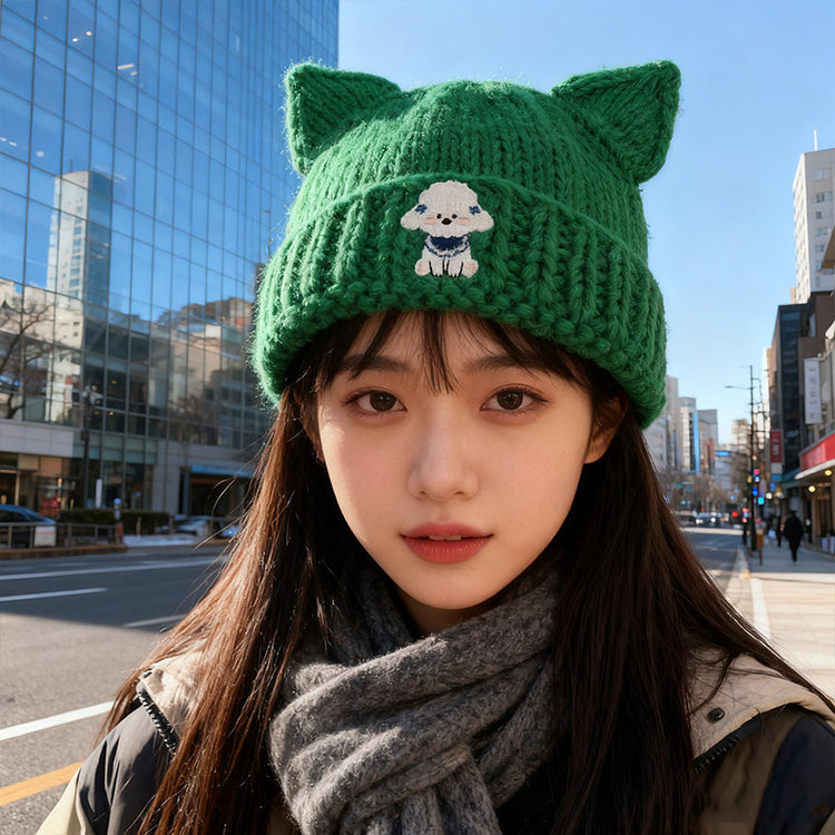 流行帽子|可愛貓耳朵毛線帽子女秋冬護耳保暖針織帽百搭小狗刺繡套頭冷帽潮「C5703」25.10-2