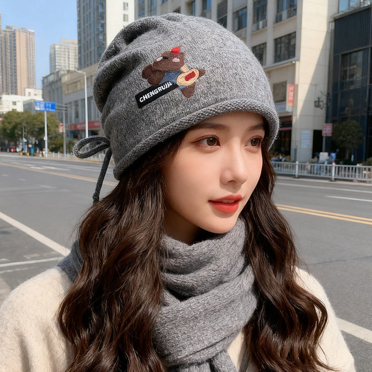 流行帽子|可愛卡通小熊帽子女秋冬包頭針織帽網紅百搭堆堆帽顯臉小卷邊冷帽「C5672」25.09-5