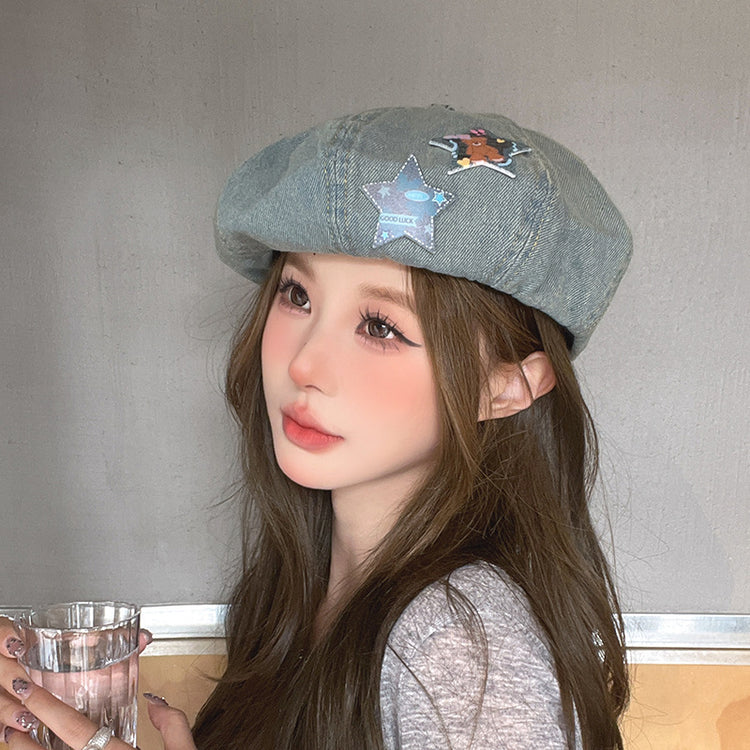 流行帽子|復古牛仔貝雷帽女春秋卡通小熊畫家帽小眾簡約時尚顯臉小蓓蕾帽子「C4165」24.07-5