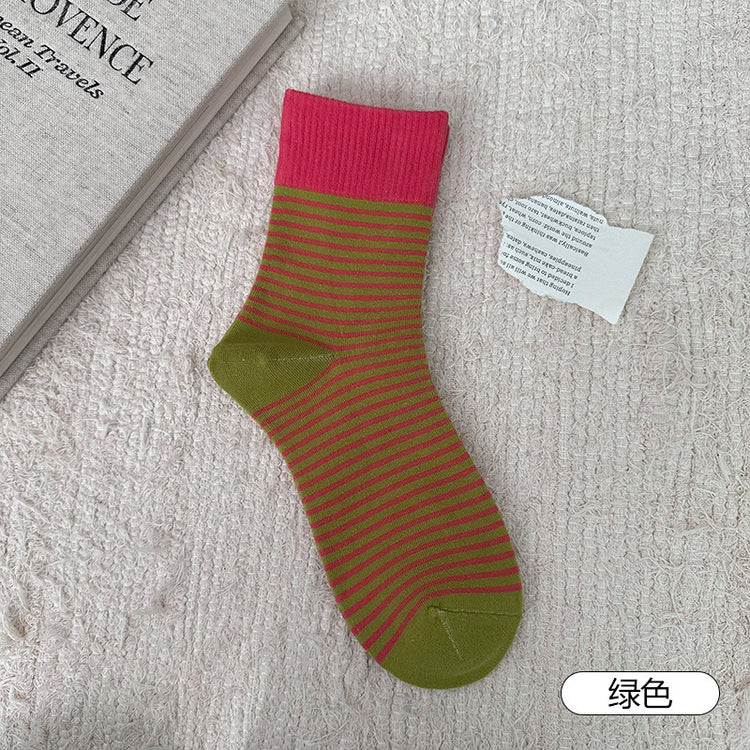 女襪|撞色復古條紋襪子女棉質吸汗透氣彈力中筒襪親膚舒適好搭堆堆襪「B24107」25.10-3