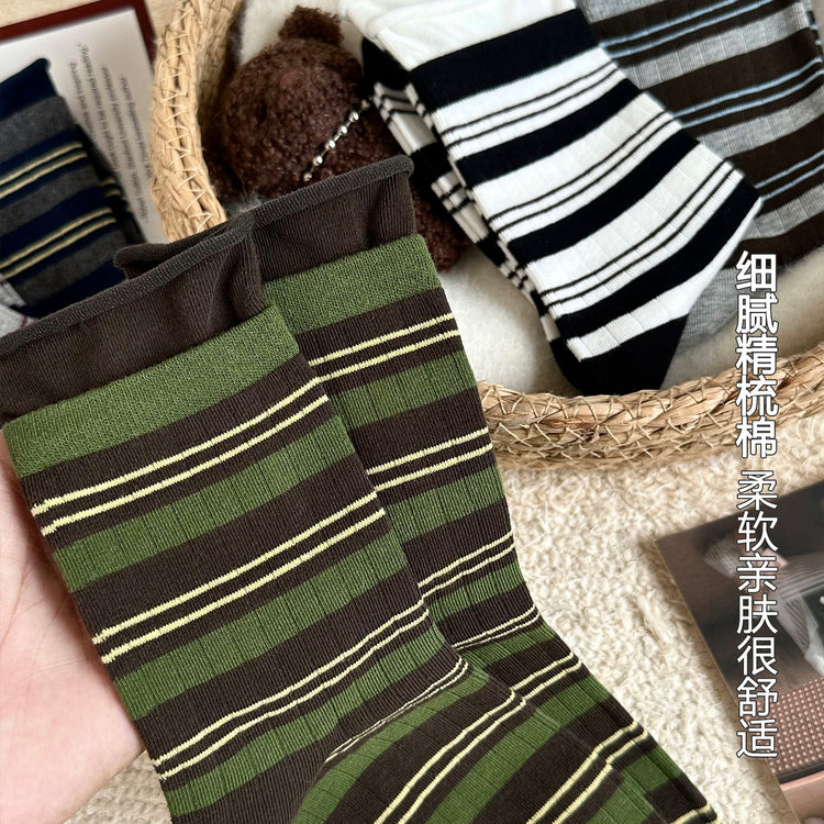 女襪|撞色雙羅口襪子女彈力無骨卷邊條紋堆堆襪棉質吸汗透氣防臭中筒襪「CX802」25.09-3