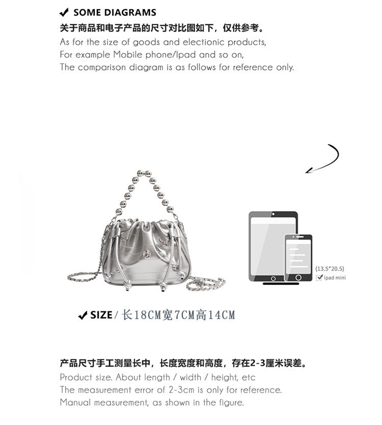 日韓流行|銀色褶皺包包女秋冬2025新款小眾設計鏈條斜背包高級感上班小拎包「9525#」25.02-3