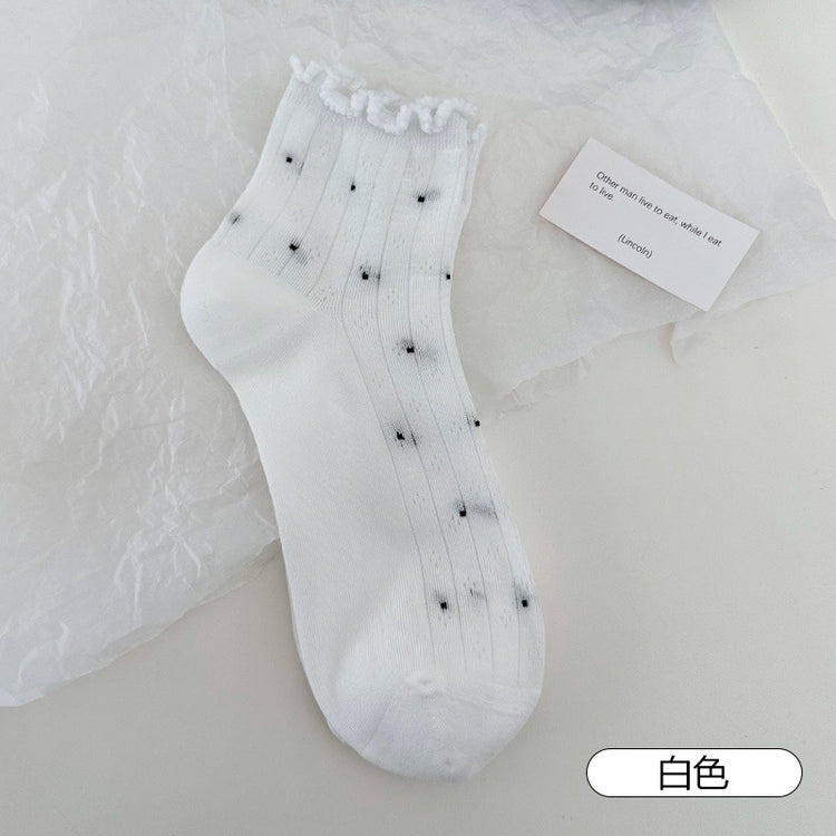 女襪|白色花邊襪子女網眼透氣彈力無骨短襪波點襪身ins潮流襪子「YM2546」25.07-1