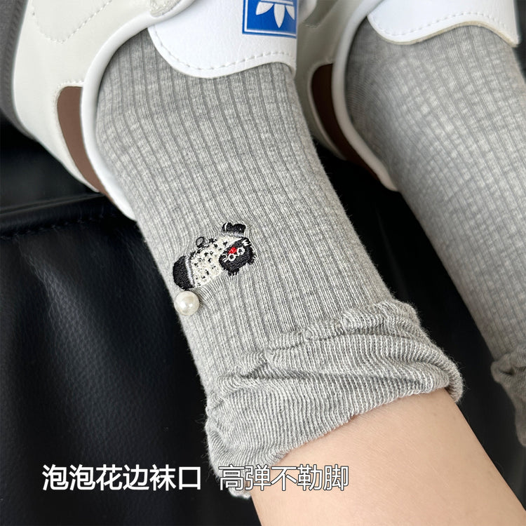女襪|卡通刺繡襪子女miu系珍珠彈力親膚舒適中筒襪棉質吸汗透氣堆堆襪「XC2332」25.08-3