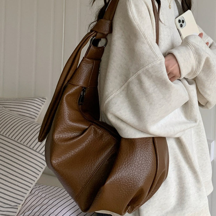 日韓流行|韓系ins大容量復古軟皮褶皺餃子包慵懶風休閒百搭牛角單肩斜挎包「9315#」24.03-3