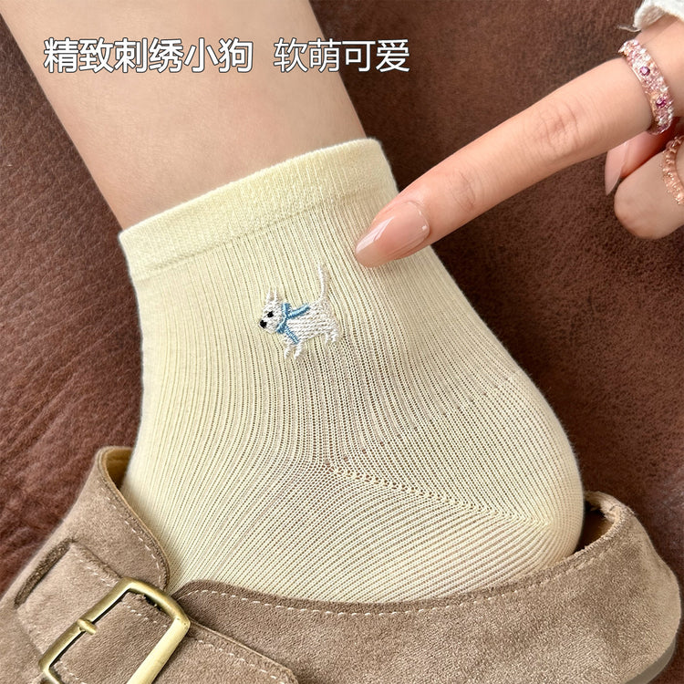 女襪|白色襪子女夏季薄款卡通刺繡小狗彈力短襪棉質吸汗透氣舒適運動襪「FKF2508」25.06-3