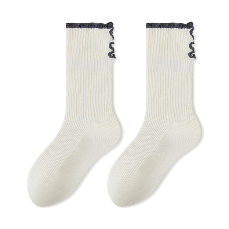 女襪|雙針撞色翻邊襪子女棉質吸汗透氣彈力堆堆襪親膚舒適抗起球中筒襪「AC8842」25.09-2