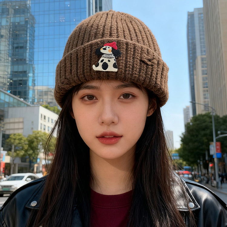 流行帽子|韓版小狗貼布破洞帽子女秋冬季加厚保暖毛線帽可愛針織護耳包頭帽「C5756」25.11-1