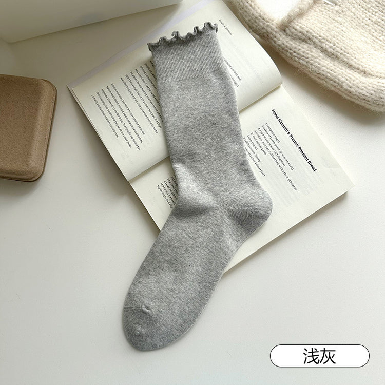 女襪|純色襪子女彈力木耳邊親膚舒適堆堆襪棉質吸汗透氣抑菌防臭中筒襪「DS1153」25.09-3