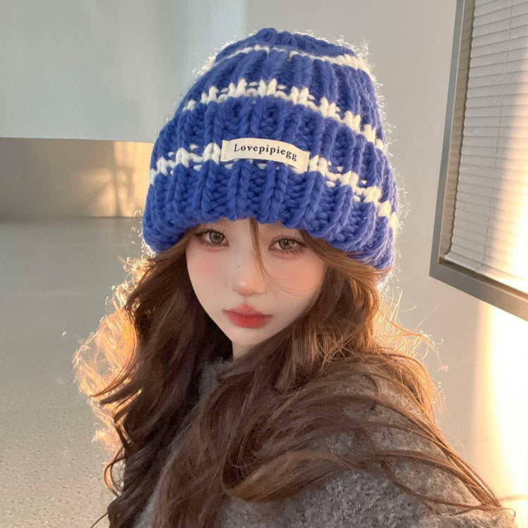 流行帽子|帽子女秋冬毛線帽潮韓版保暖護耳冷帽套頭帽條紋百搭顯臉小針織帽「C3048」24.11-2