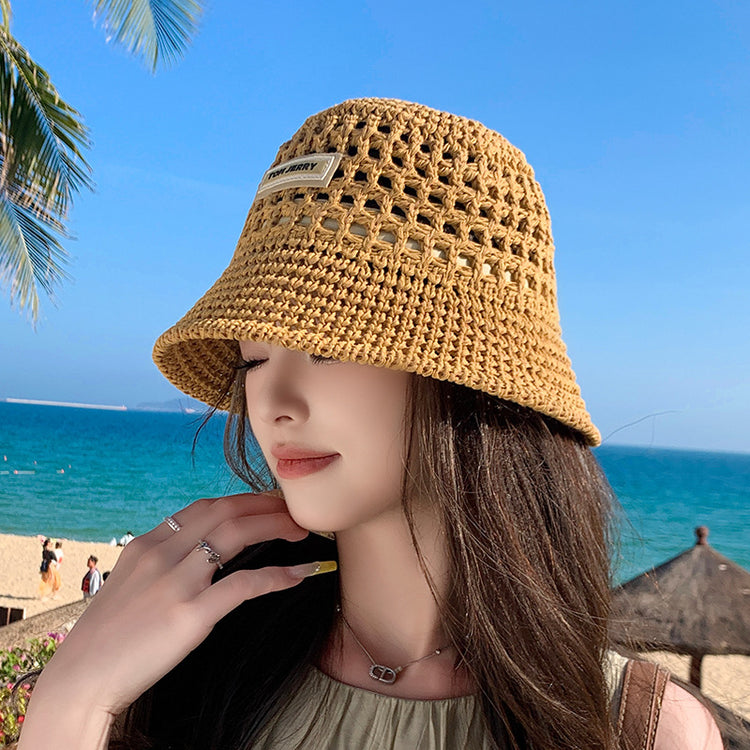 流行帽子|草編漁夫帽女夏季海邊度假防曬遮陽帽鏤空透氣顯臉小編織水桶帽子「C5045」25.03-1