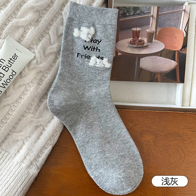 女襪|襪子女士彈力無骨親膚舒適中筒襪植絨卡通棉質吸汗透氣堆堆襪「XHS25103」25.09-5