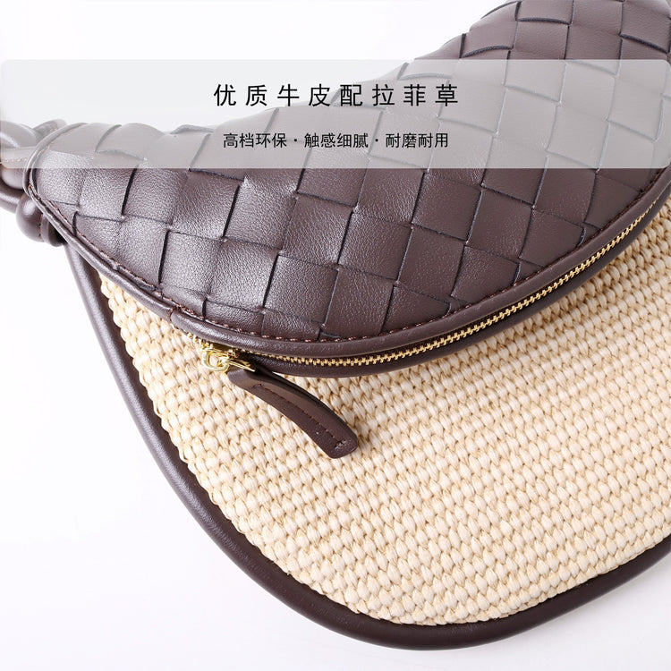 質感真皮|2025新款拉菲草編拼牛皮雙子包拼色月亮包度假單肩腋下包時尚編織包「9781-1」25.07-1