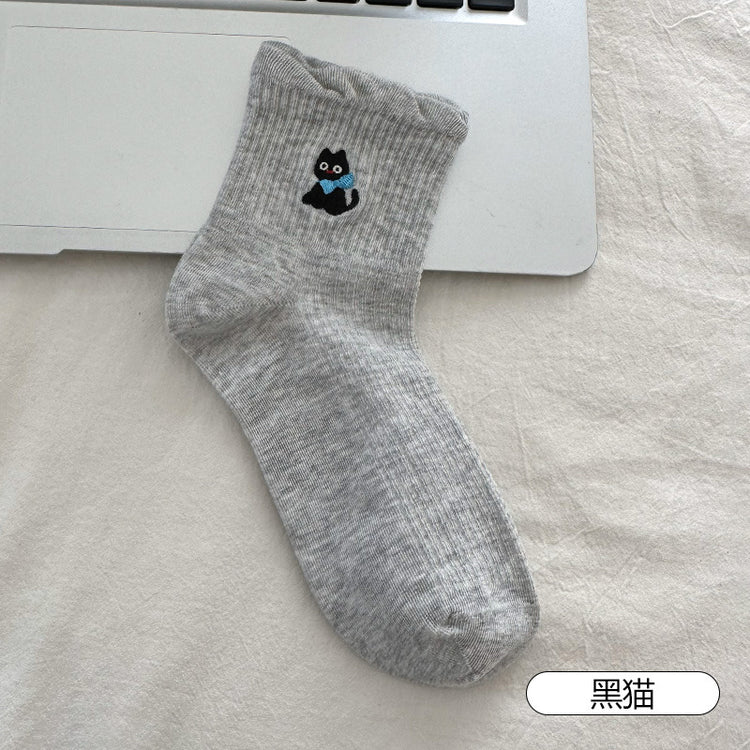 女襪|夏季薄款襪子女棉質吸汗透氣彈力短筒襪卡通刺繡配德訓鞋休閒襪「AL25007」25.04-3
