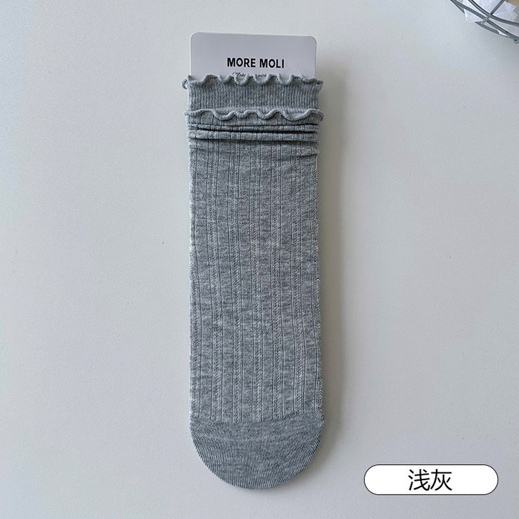女襪|白色雙木耳邊襪子女miu系竪條顯瘦彈力中筒襪棉質吸汗防臭堆堆襪「NY2626」25.07-4