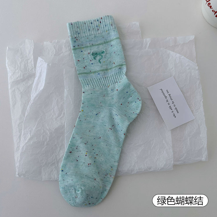 女襪|刺繡蝴蝶結襪子女棉質軟糯親膚舒適中筒襪點子紗春夏季薄款堆堆襪「W0122」25.03-3
