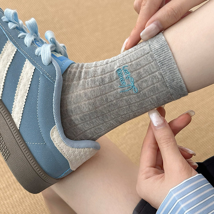 女襪|灰色堆堆襪子女春夏季薄款字母刺繡彈力中筒襪棉質吸汗透氣堆堆襪「W0116」25.03-4