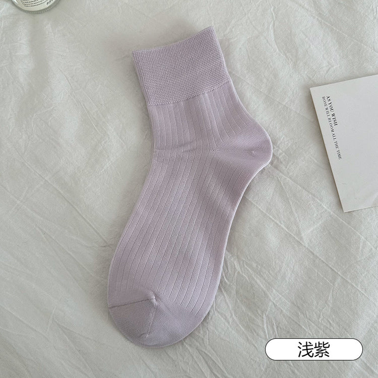 女襪|襪子女春夏棉質吸汗透氣竪條顯瘦短襪彈力無骨親膚舒適純色休閒襪「MI1123」25.04-1