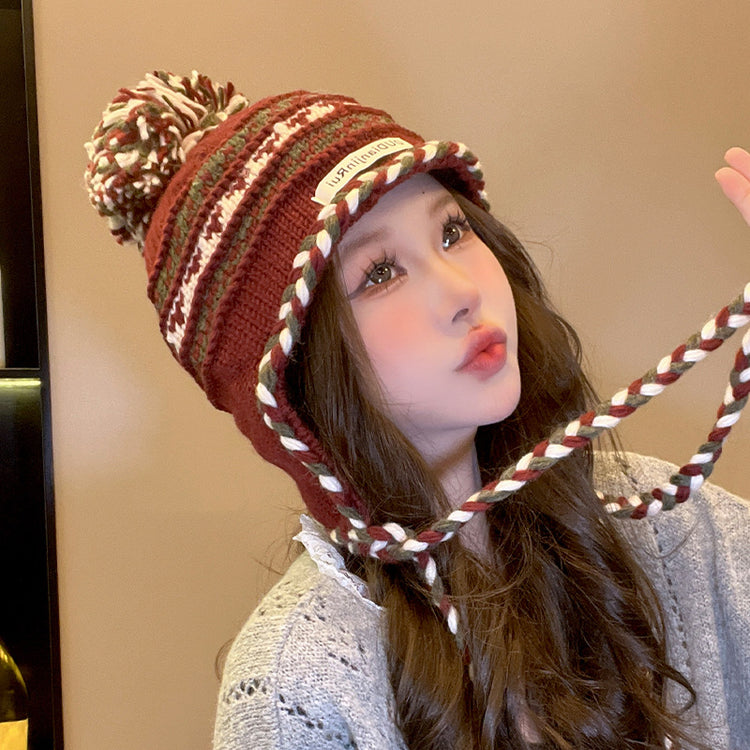 流行帽子|撞色流蘇毛球護耳帽女秋冬加絨保暖條紋百搭針織帽尼泊爾風毛線帽「C4738」24.11-1