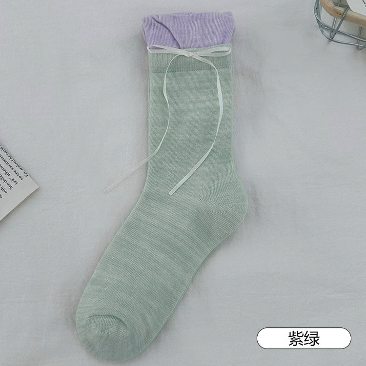 女襪|灰色堆堆襪子女彈力拼接花苞襪口中筒襪芭蕾風側邊飄帶蝴蝶結jk襪「S1205」25.04-2