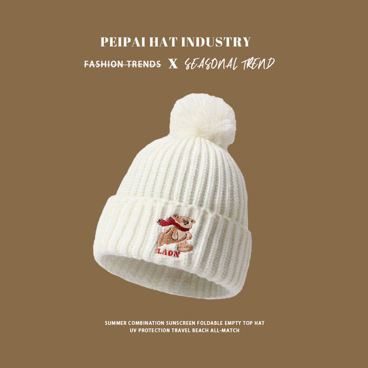 流行帽子|秋冬保暖帽子小眾設計小熊刺繡毛線帽美拉德風時尚情侶護耳針織帽「C4729」24.12-3