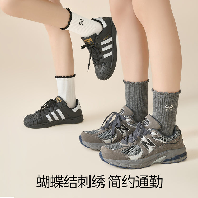 女襪|miu系蝴蝶結襪子女彈力無骨吸汗透氣中筒襪棉質親膚舒適堆堆襪「ZX25509」25.08-3