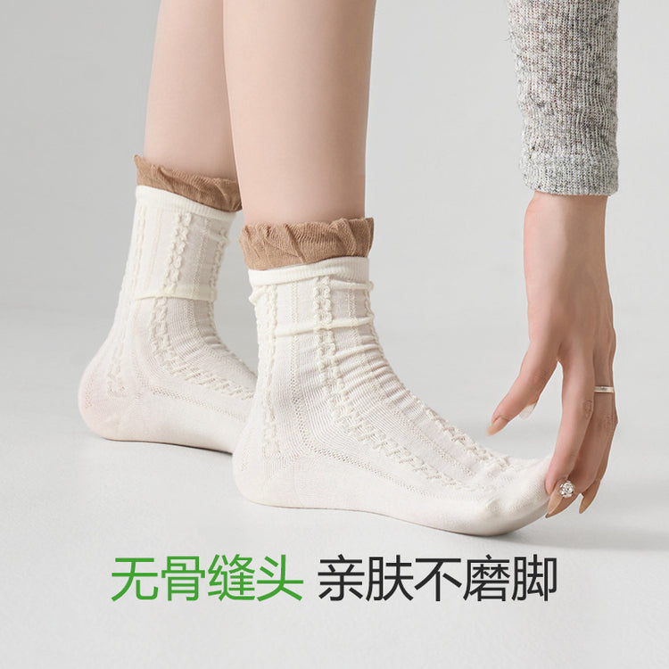 女襪|灰色泡泡口襪子女棉質柔軟親膚舒適中筒襪吸汗防臭抗起毛球堆堆襪「DS24145」25.01-2
