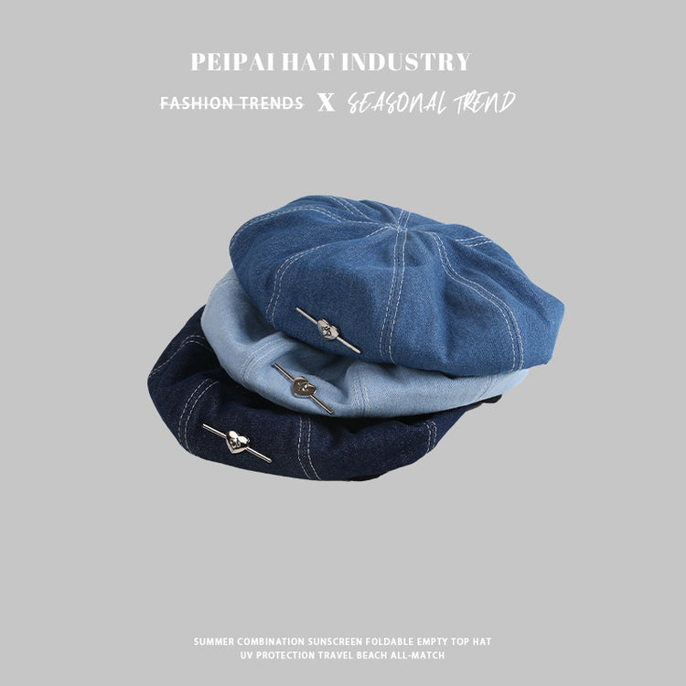 流行帽子|愛心藍色水洗牛仔貝雷帽女2024新款小眾復古顯臉小大頭圍畫家帽子「C4291」24.09-3