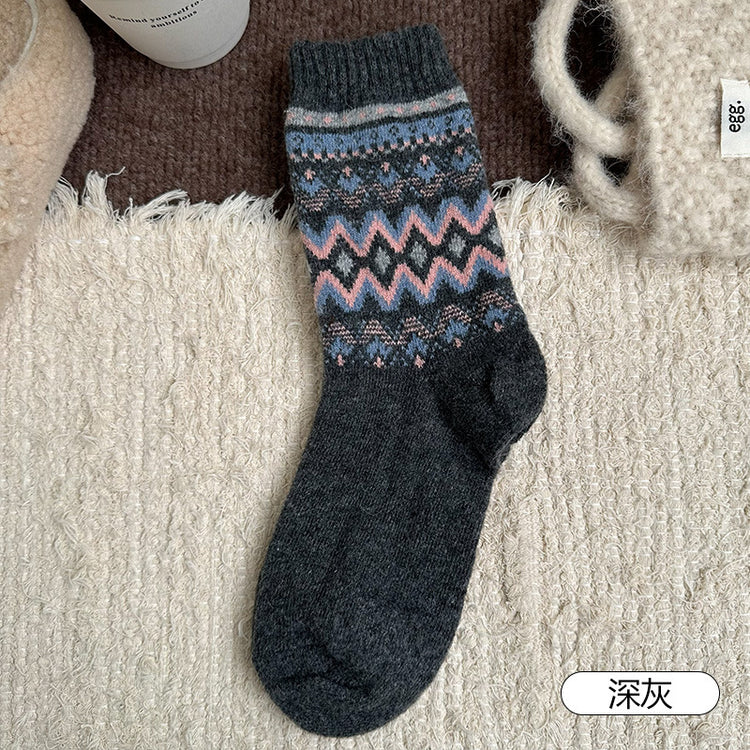 女襪|費爾島復古羊毛襪子女秋冬季加厚保暖堆堆襪日系文藝彈力中筒襪「TM3741」25.11-3