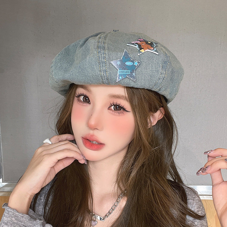 流行帽子|復古牛仔貝雷帽女春秋卡通小熊畫家帽小眾簡約時尚顯臉小蓓蕾帽子「C4165」24.07-5