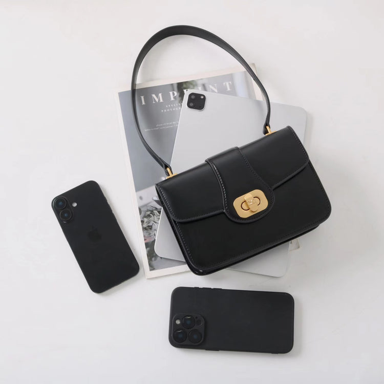 質感真皮|2025新款百搭進口小牛皮扭鎖翻蓋手提單肩腋下包精緻通勤女士包「6083」25.04-2