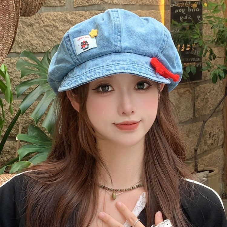 流行帽子 |水洗牛仔蝴蝶結貓咪貝雷帽子女復古做舊布標八角帽百搭報童帽潮牌「C5381」25.07-3