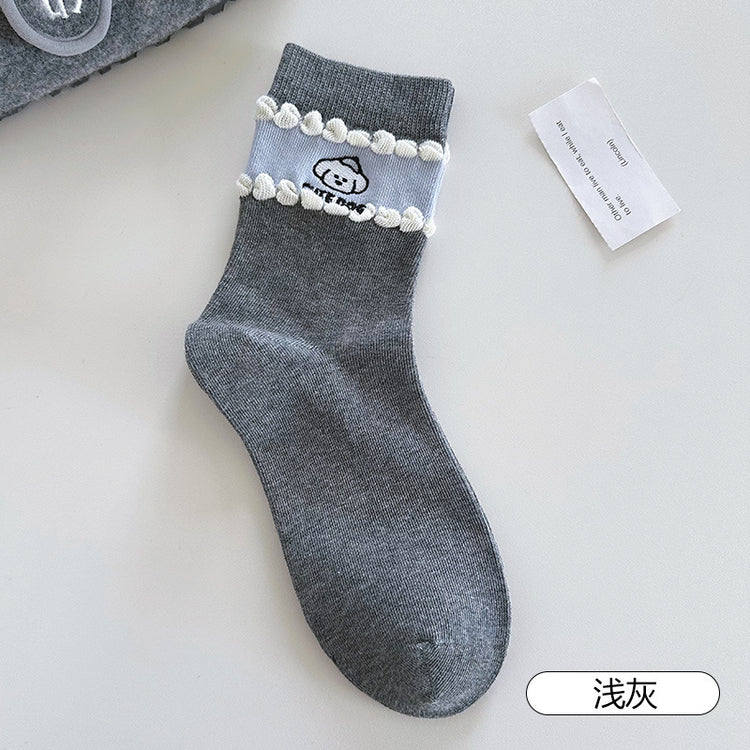 女襪|卡通圖案襪子女棉質吸汗透氣親膚舒適中筒襪雙針耐磨花邊諸暨襪子「YR1206」25.08-4