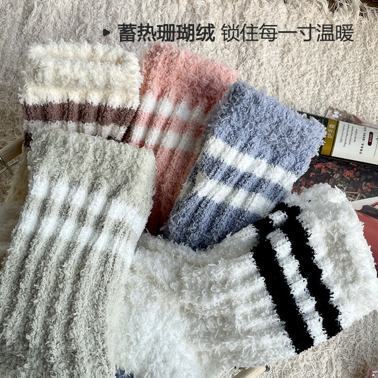 女襪|撞色條紋襪子女蓄熱鎖溫居家地板襪秋冬季加絨加厚保暖珊瑚絨襪「AD2411」24.11-2