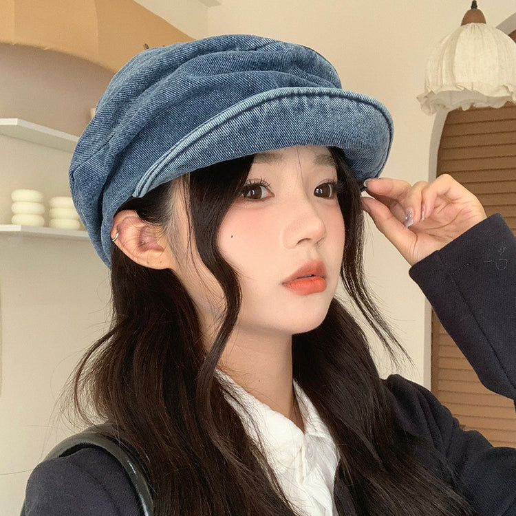 流行帽子 | 日系水洗做舊牛仔褶皺貝雷帽子女復古百搭顯臉小畫家八角帽報童帽「C5410」25.07-4
