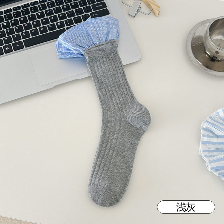 女襪|灰色堆堆襪子女棉質吸汗透氣親膚中筒襪ins潮刺繡字母襪子「DQ25810」25.04-3