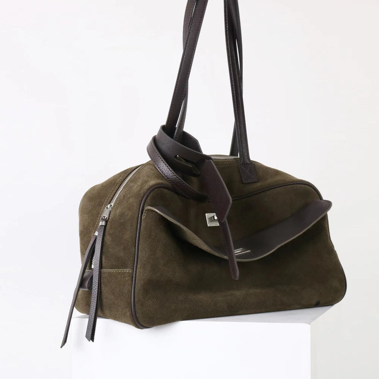 質感真皮|2025新款百搭輕奢磨砂牛皮波士頓大包單肩托特枕頭通勤保齡球包「X3989D3988」25.09-3