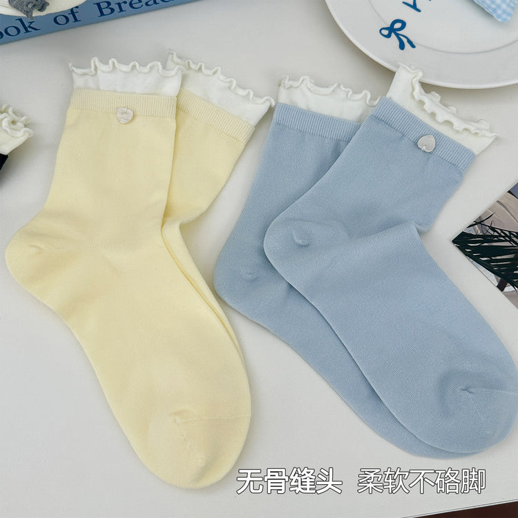 女襪|拼色雙羅口襪子女棉質吸汗透氣彈力花邊堆堆襪愛心紐扣無骨中筒襪「SM2506」25.06-1