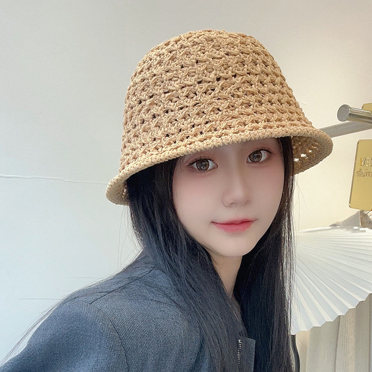 流行帽子|夏季新款鏤空草編漁夫帽女透氣防曬遮陽帽沙灘旅遊可折疊太陽帽子「C3647」24.01-4