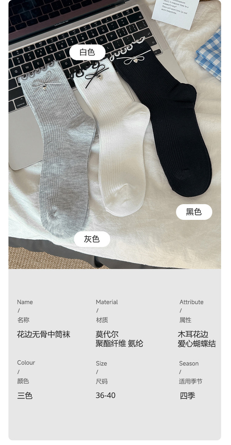 女襪|白色蝴蝶結襪子女春秋季ins潮木耳花邊中筒襪棉質吸汗透氣堆堆襪「XC2204」25.02-1