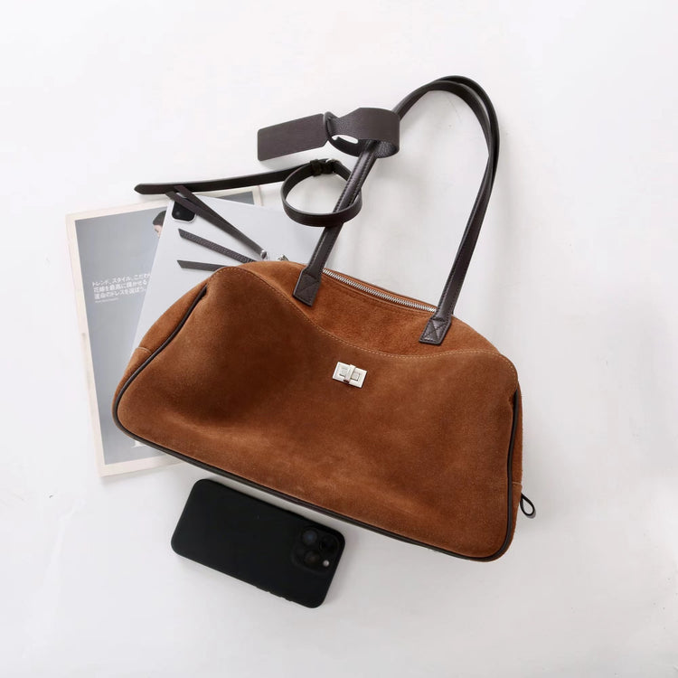 質感真皮|2025新款百搭輕奢磨砂牛皮波士頓大包單肩托特枕頭通勤保齡球包「X3989D3988」25.09-3