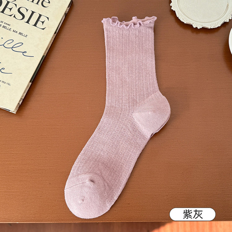 女襪|純色簡約襪子女鏤空網眼透氣木耳邊堆堆襪棉質彈力親膚舒適中筒襪「TM7240」25.02-1