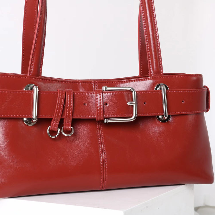 質感真皮|2025新款百搭女輕奢法式高級感機車包法棍包保齡球女單肩腋下包「6147」25.06-4