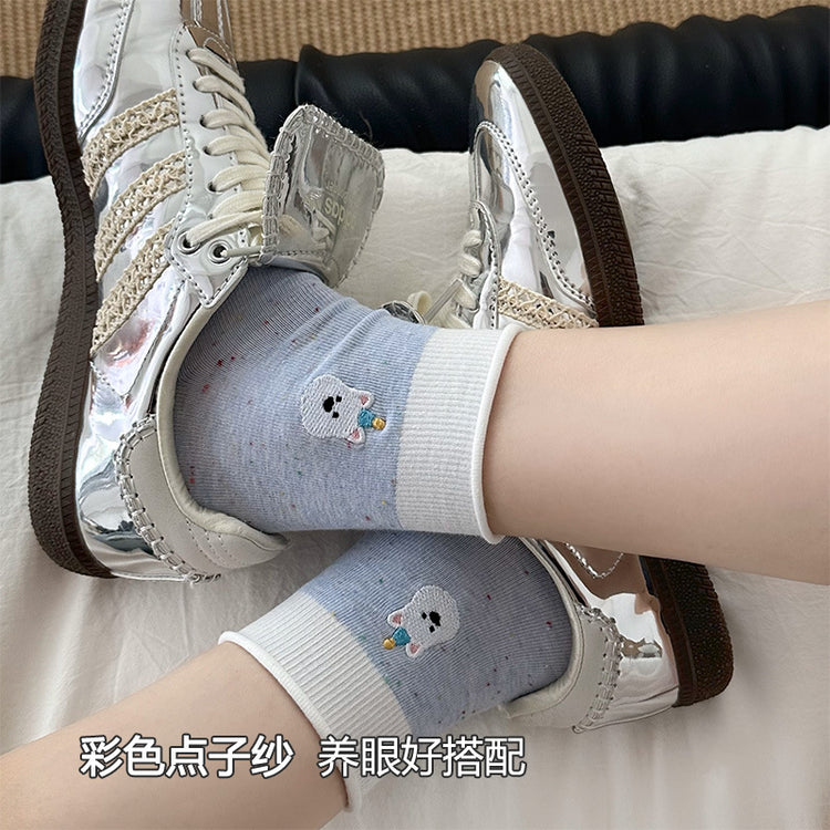 女襪|卷邊襪子女點子紗棉質吸汗透氣堆堆襪卡通動物刺繡彈力好搭中筒襪「W0121」25.03-3