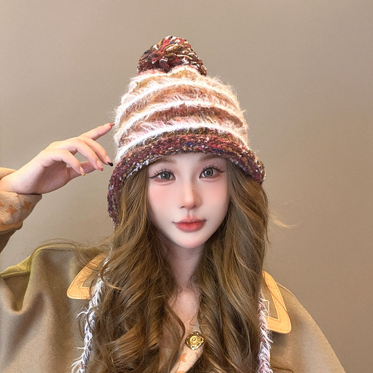 流行帽子|彩色流蘇毛球針織帽冬季可愛辮子保暖護耳帽百搭包頭帽騎行套頭帽「C4555」24.09-4