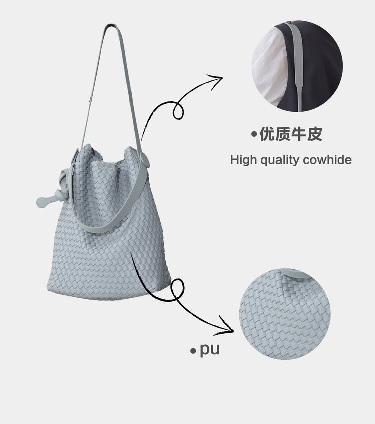 質感真皮|2024夏新款休閒編織菜籃水桶包小眾大容量單肩高級感簡約斜背包「6942」24.07-2
