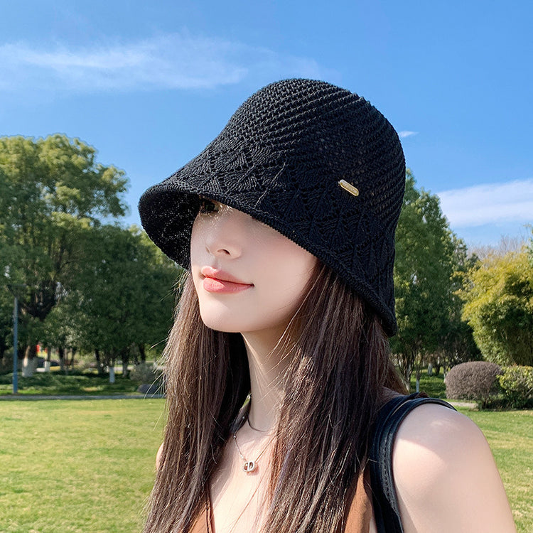 流行帽子|編織帽子女夏鏤空透氣顯臉小遮陽漁夫帽防曬水桶帽出遊韓版遮陽帽「C5143」25.04-1