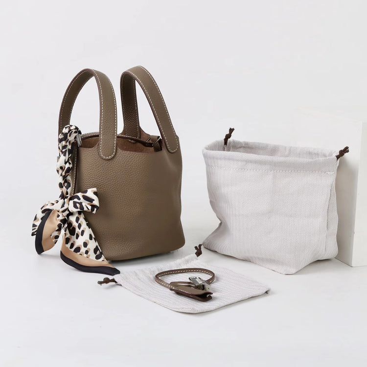 質感真皮|2025年新款時尚軟牛皮水桶包togo頭層牛皮h家菜籃子百搭通勤手提包「80900」25.04-4