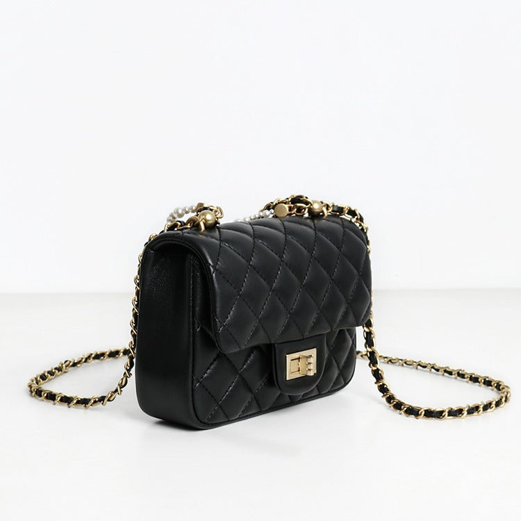 質感真皮|羊皮小方包2024年春夏新款菱格珍珠鏈條百搭高級質感單肩斜挎手機「D8062 X8061」24.04-1