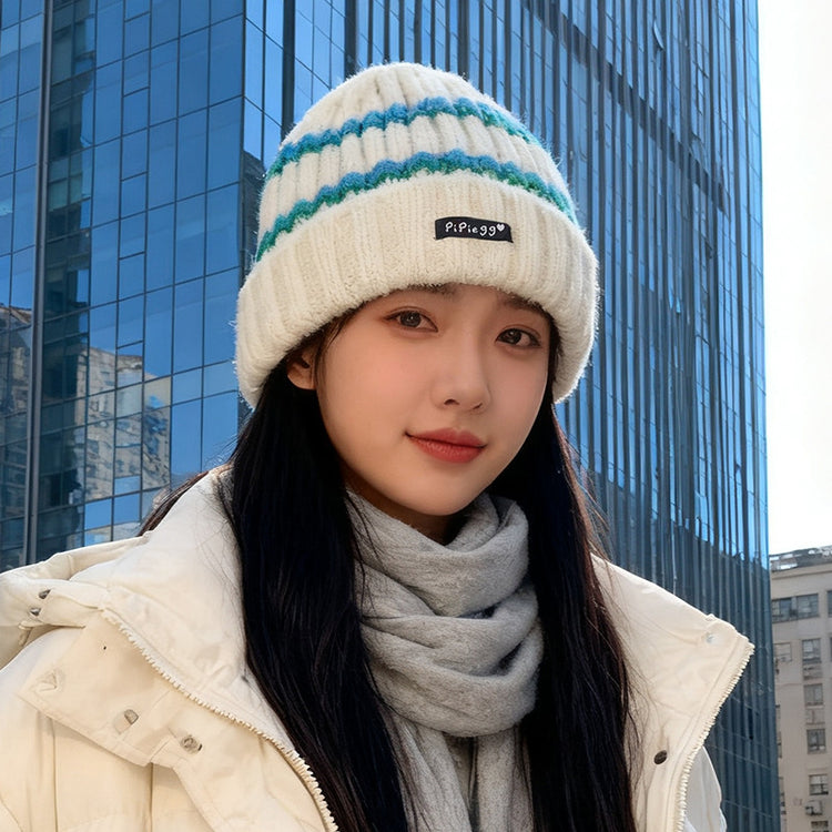流行帽子|條紋針織帽子女秋冬新款保暖毛線帽護耳大頭圍冷帽防寒包頭帽男潮「C5705」25.10-3